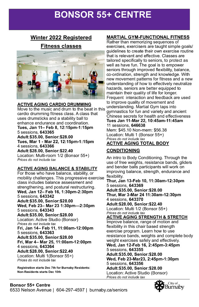 Bonsor Registered Fitness Classes Winter 2022 page 1
