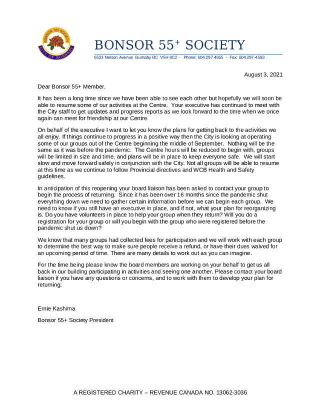 President's letter on activities restart